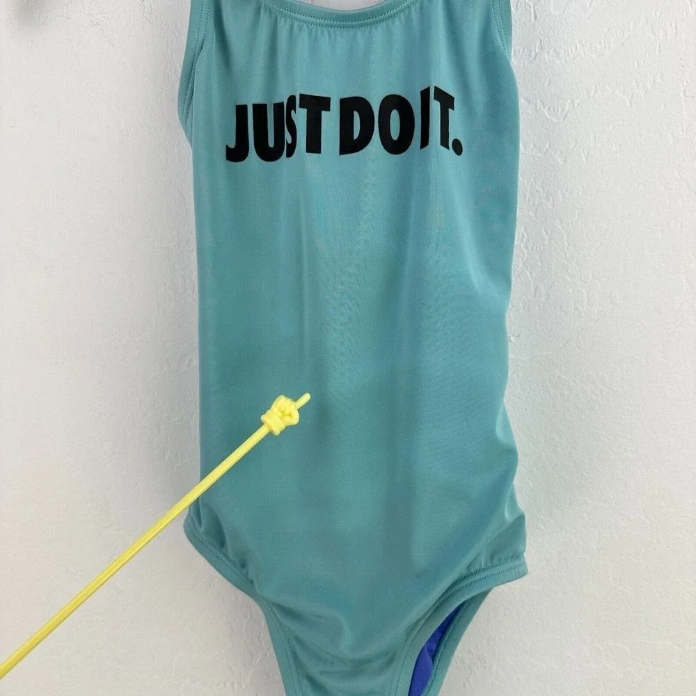 Nike Swimsuit Kids Small Blue Just Do It One Piece Activewear Swimwear Racerback